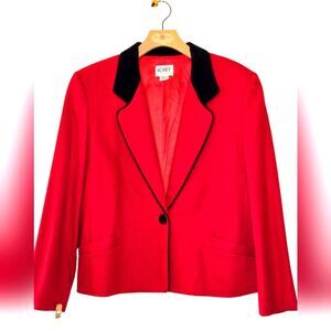 Vintage Koret Petites Women's Red w/Black Velvet Collar Wool Blazer Size 12